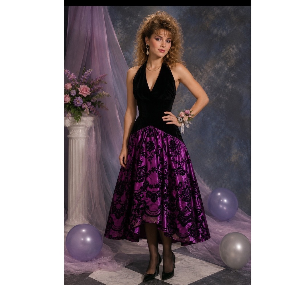 Gunne Sax Vintage 80s Gothic Dress Black Purple Burnout Velvet Halter Fairy  7/8